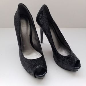 Guess Black Sparkly Peep Toe Platform Heels Size 8
